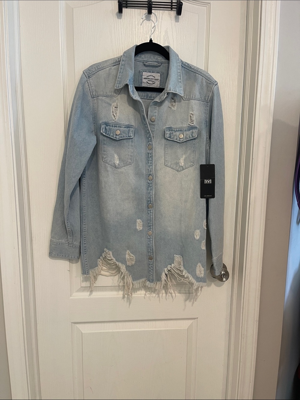 Light Wash Distressed Denim Shacket